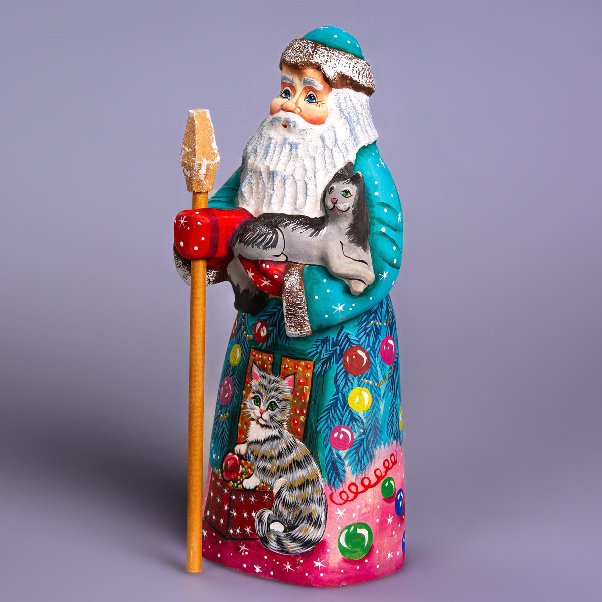 Hand Carved Wooden Santa Claus Figurine with Cat: Signed Folk Art