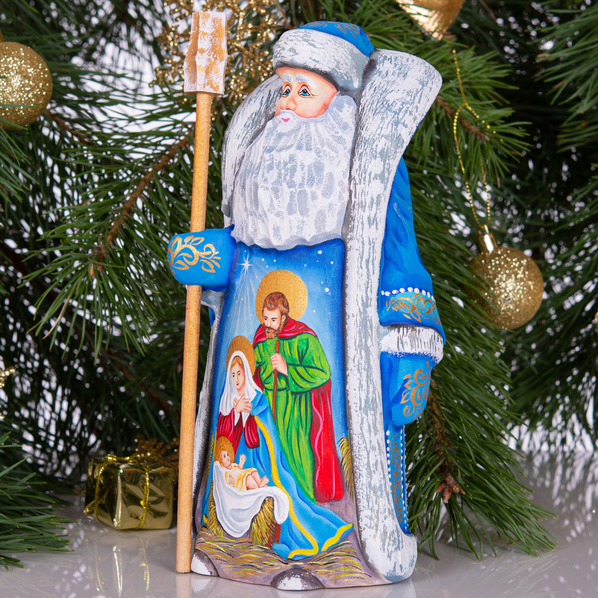 Santa figurine with staff, carved wood, Holy Family art, 9.1 inch