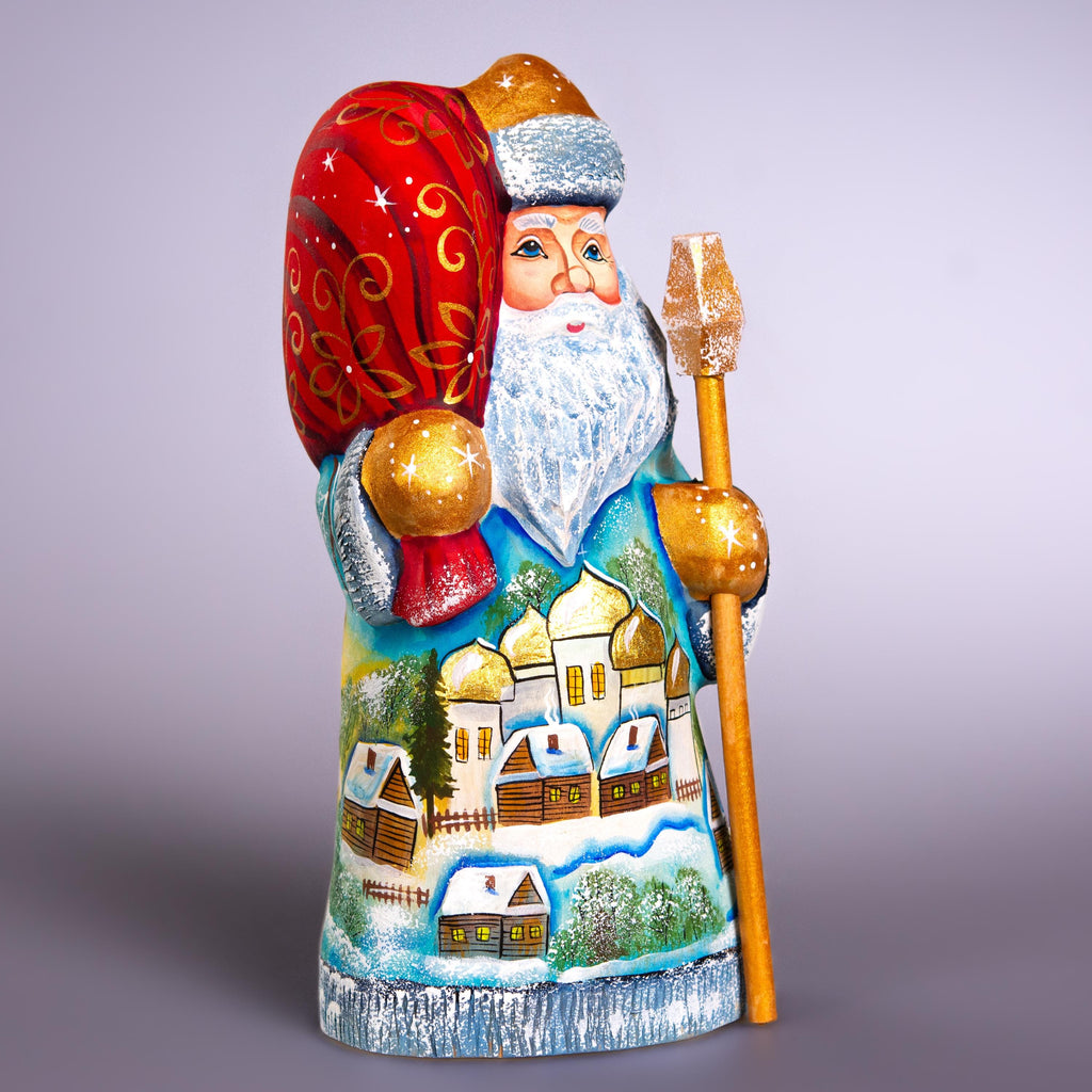 Hand Carved Santa Figurine 8 inch: Snowy Village, Golden Church - Signed Collectible