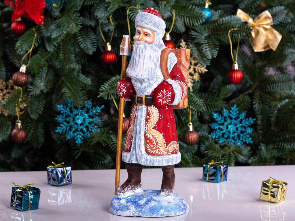 Hand carved wooden Santa figurine 11 inch, with backpack and staff, Christmas mantel decor