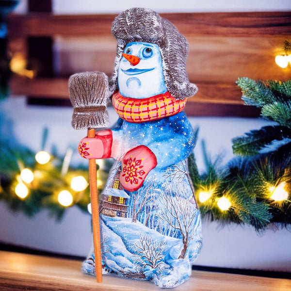 Hand Carved Wooden Snowman Figurine: Artist Painted Winter Cottage Decor