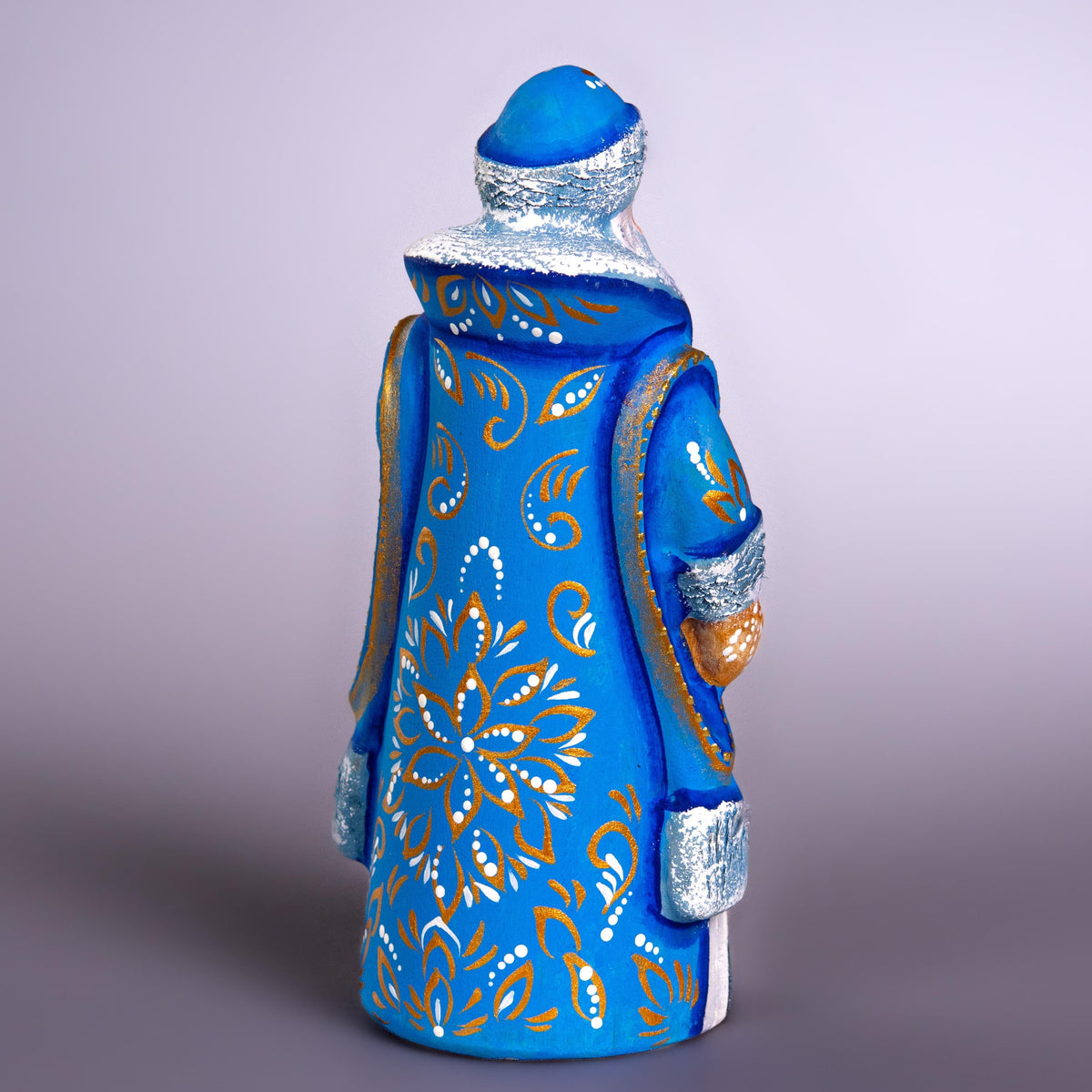 Hand Carved Wooden Santa Figurine 7", Blue Coat, Lantern, Old World