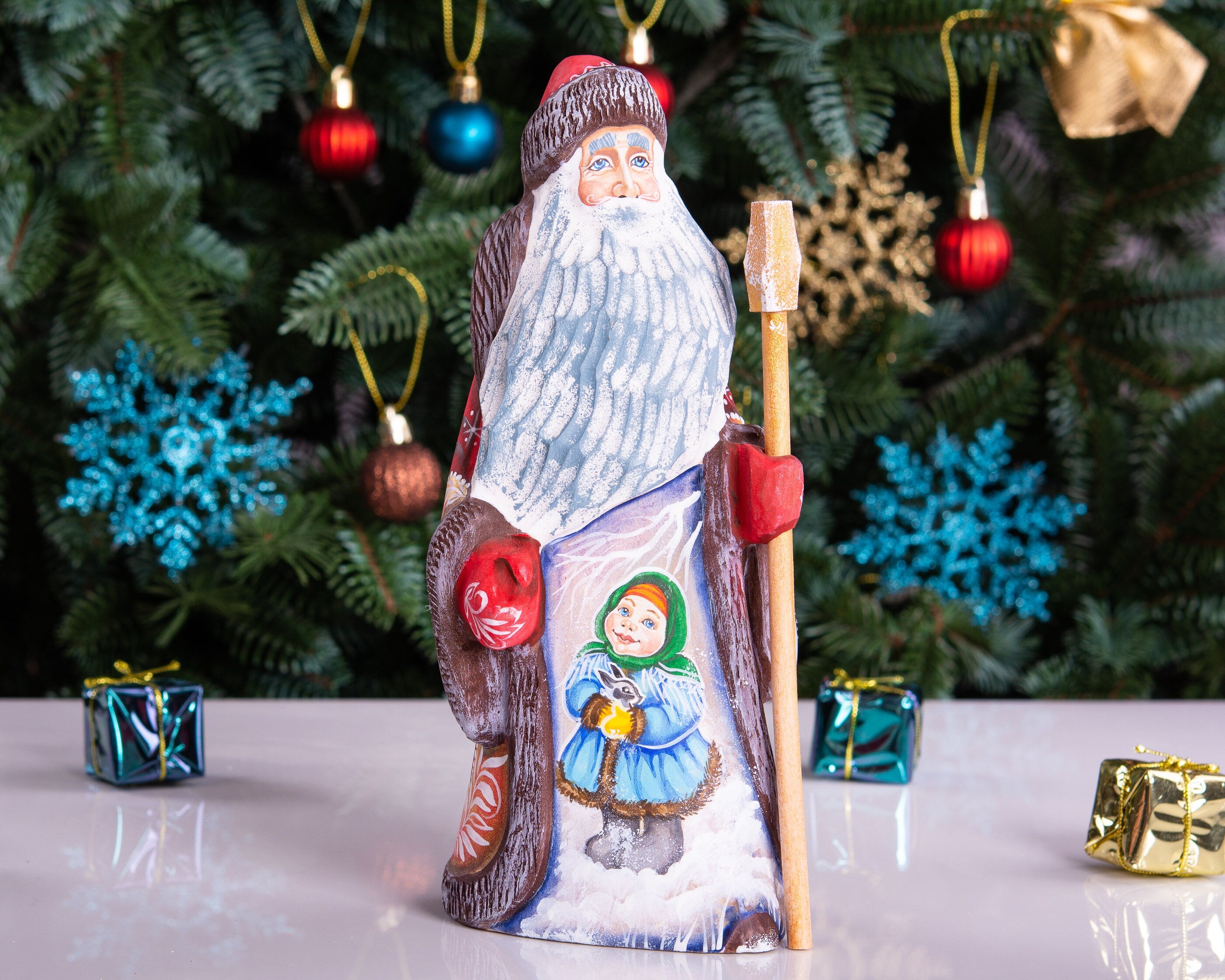 Hand carved Santa wooden figurine 9 inch with staff