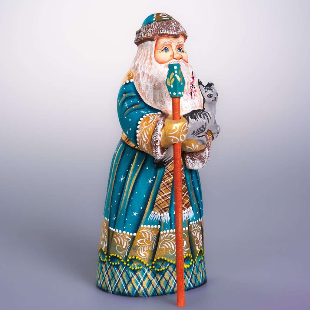 Hand carved Santa wooden figurine 9 inch, cat lover gift, mantel decor