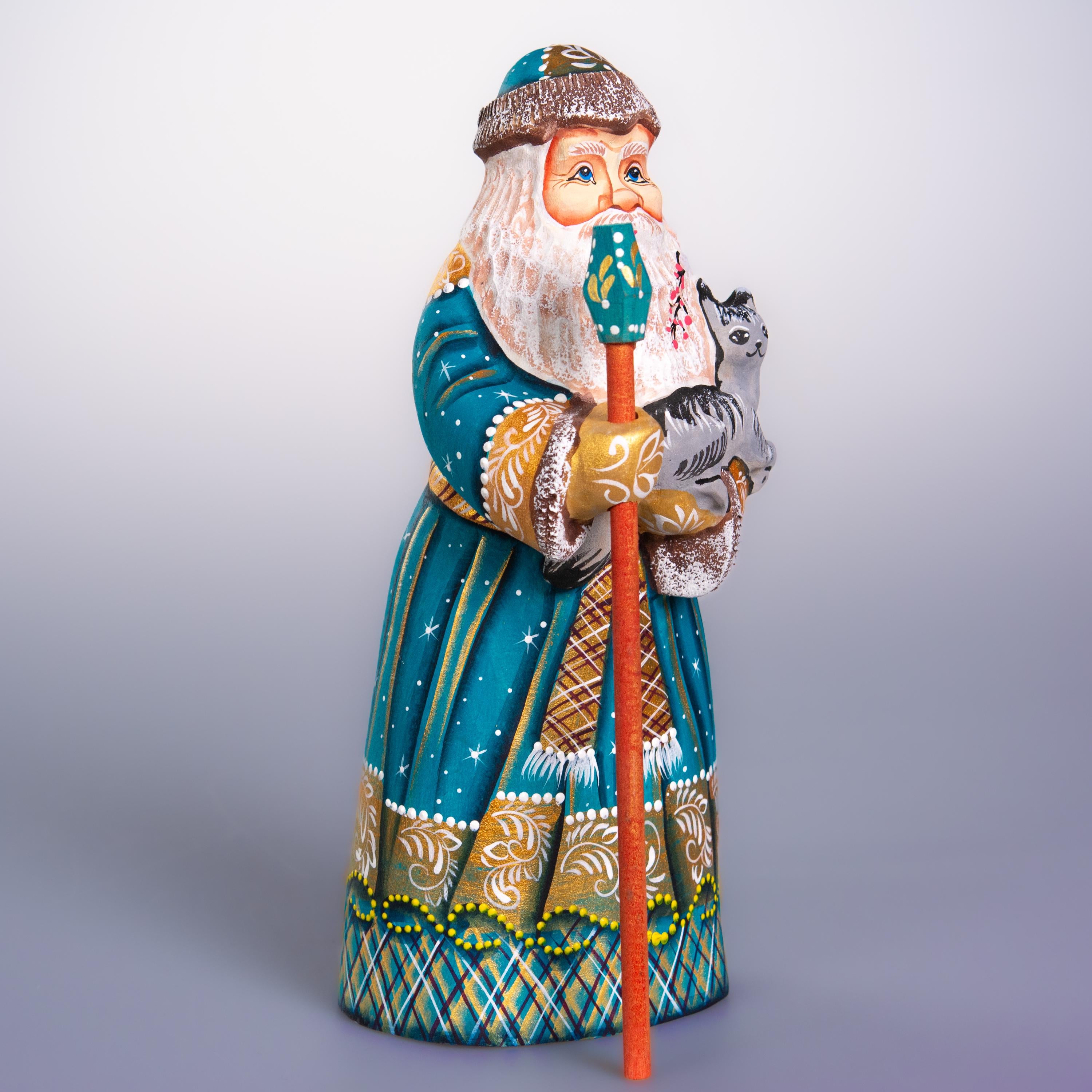 Hand carved Santa wooden figurine 9 inch, cat lover gift, mantel decor