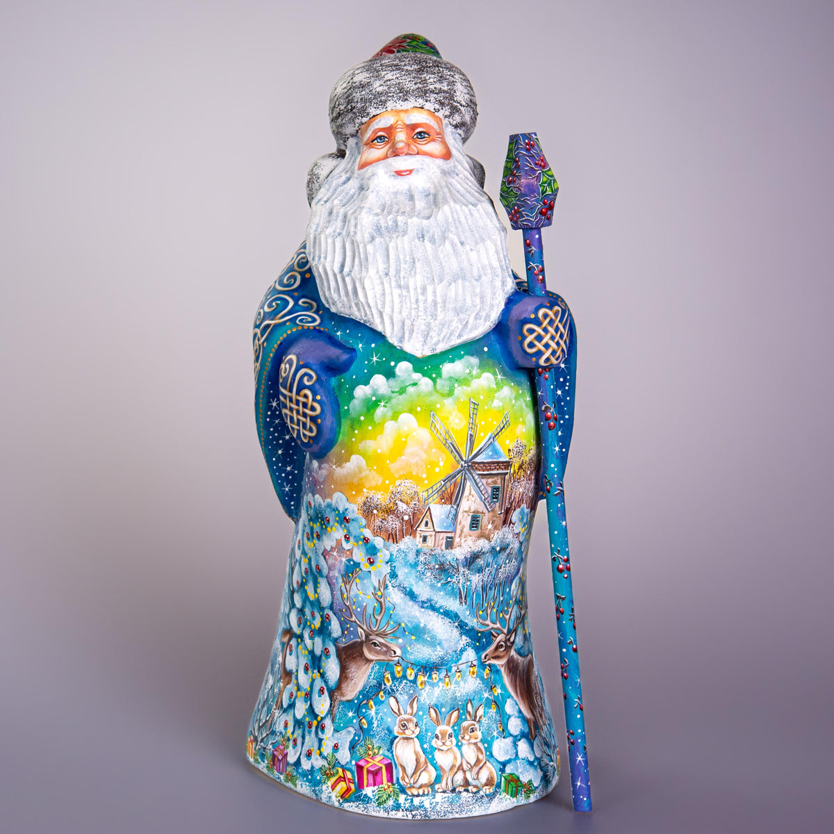 Old World Santa figurine 13 inch, carved wood, blue coat, woodland deer and rabbits