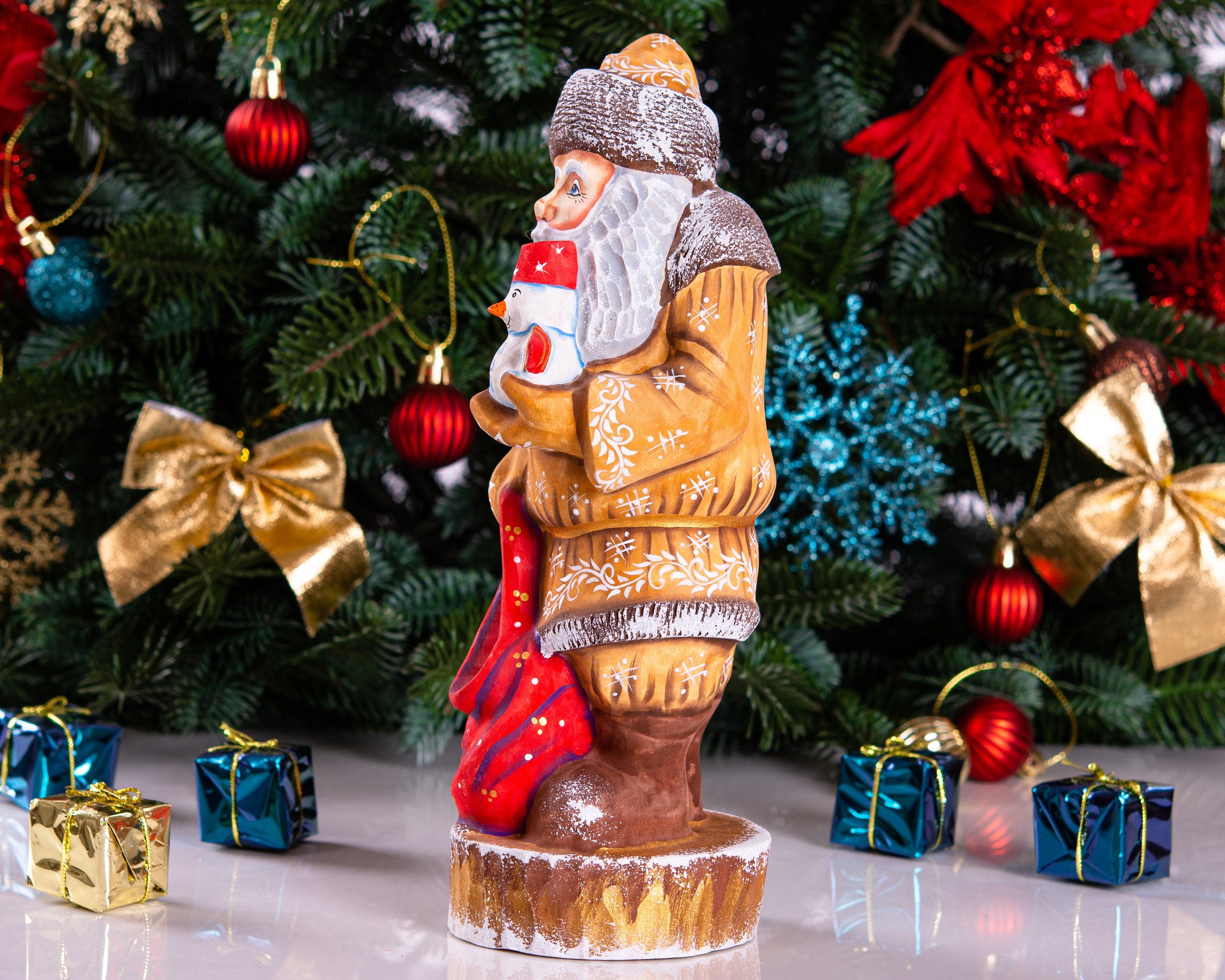 Father Christmas wooden figurine 10", hand carved shelf decor