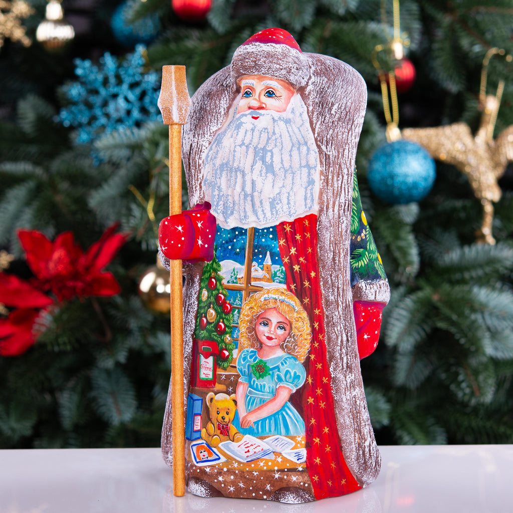 Collectible Santa figurine with staff, girl writing wish list scene, 9.5 inch