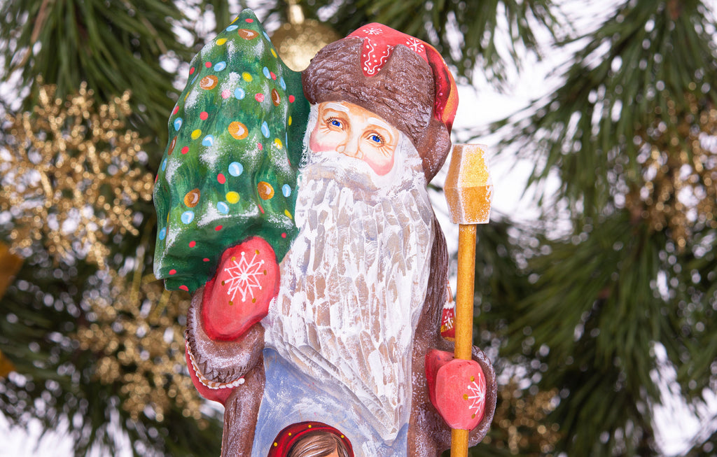 Old world Santa wooden figurine 10 inch, girl with gifts, rustic Christmas home accent