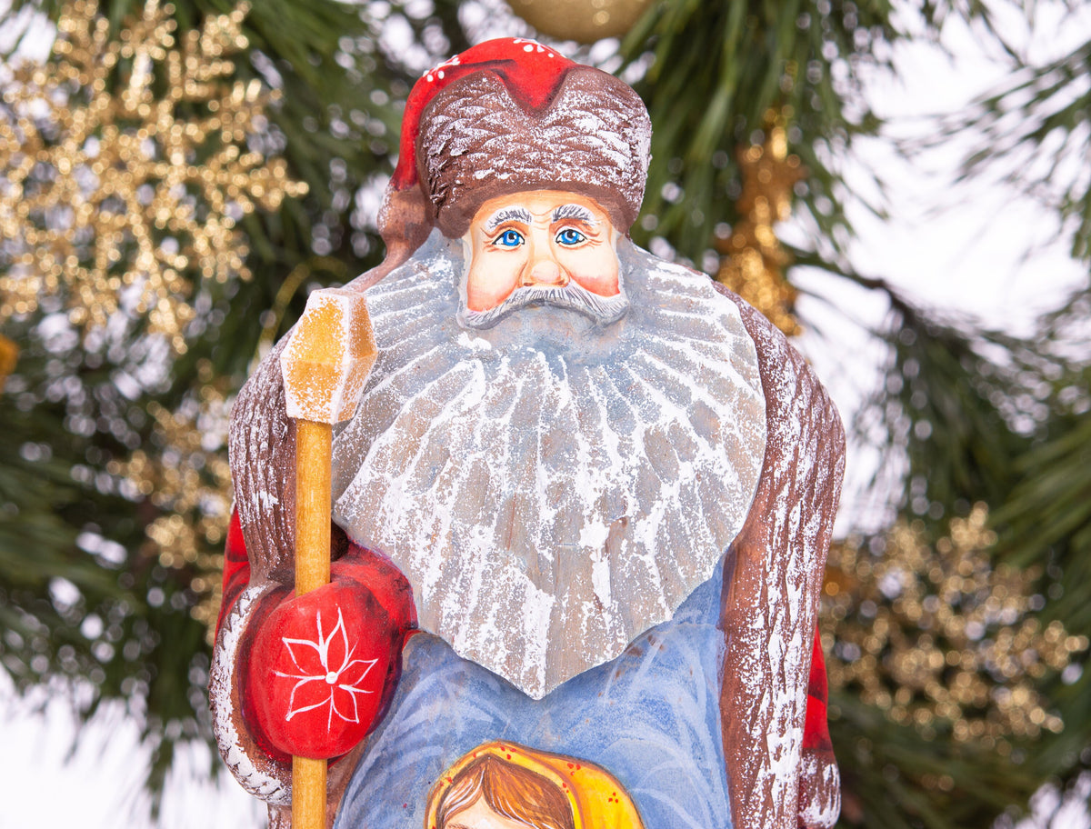 Vintage inspired Russian Santa carving 9.5 inch wooden figure, girl in mittens, Christmas display