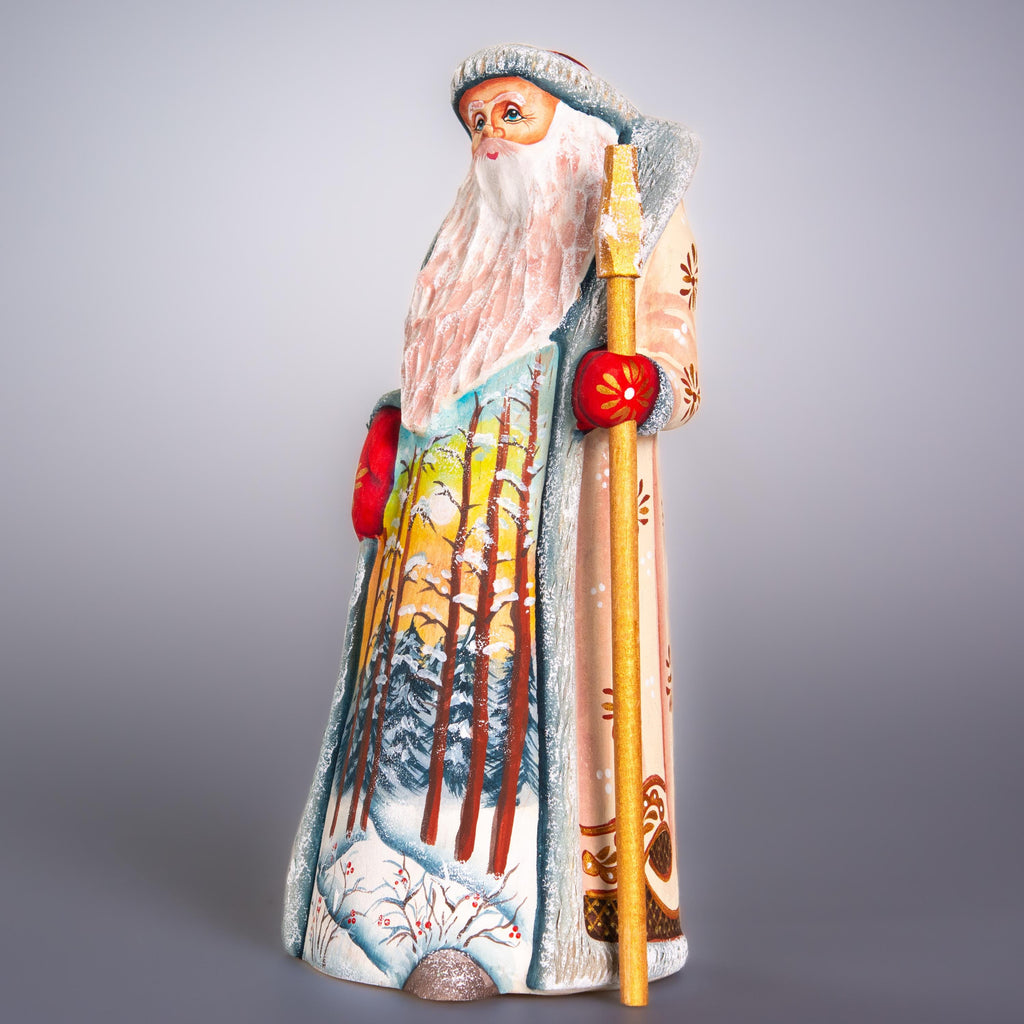 Hand carved wooden Santa figurine 9 inch, winter forest landscape, holiday shelf decor