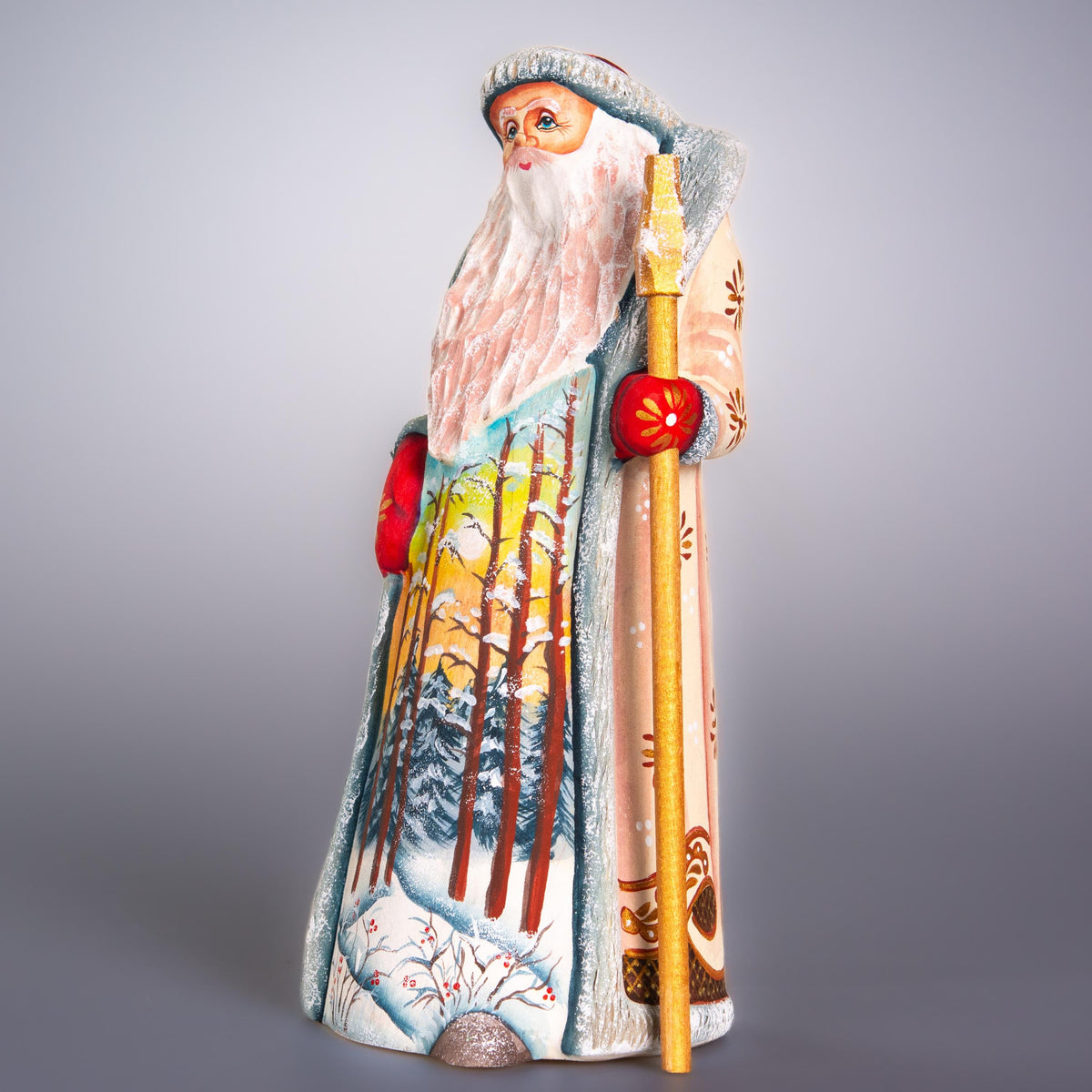Hand carved wooden Santa figurine 9 inch, winter forest landscape, holiday shelf decor