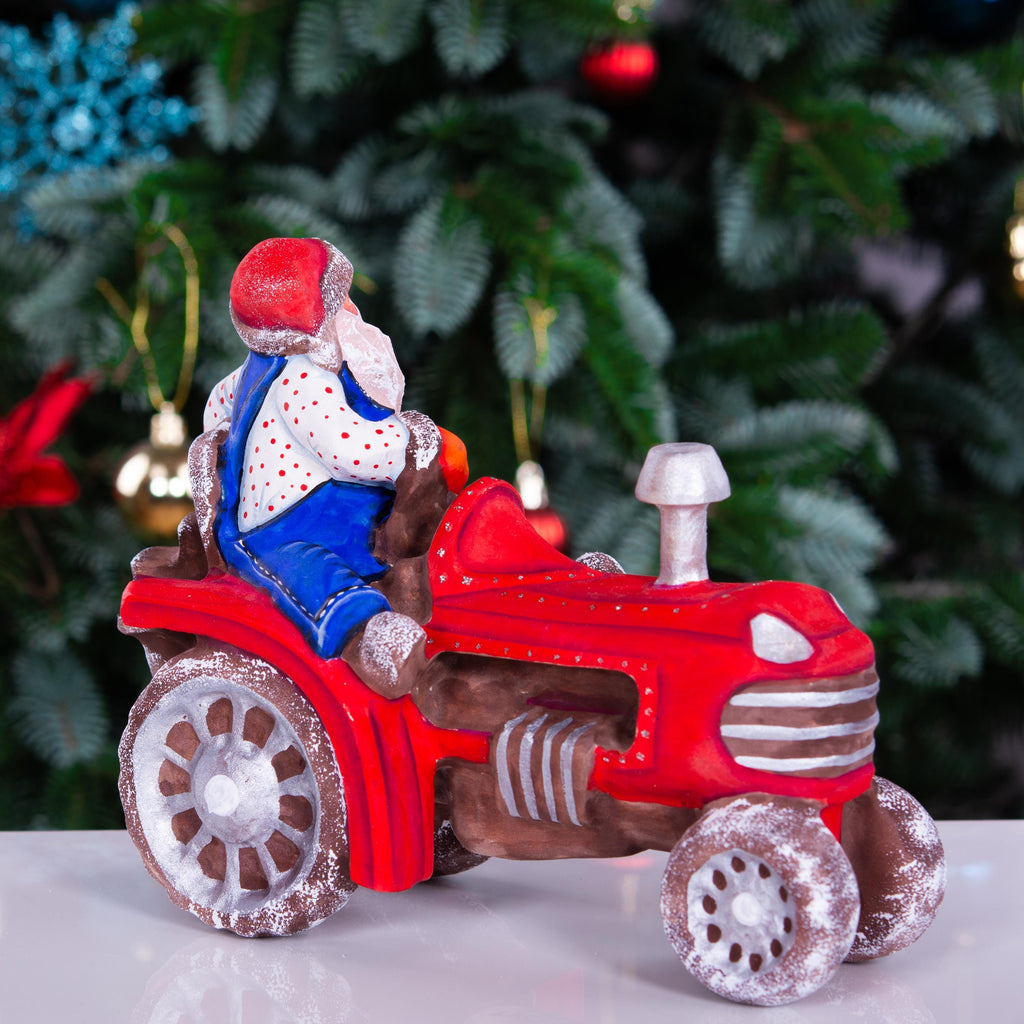 Hand-Carved Wooden Santa Claus Figurine on Tractor: Christmas Home Decor