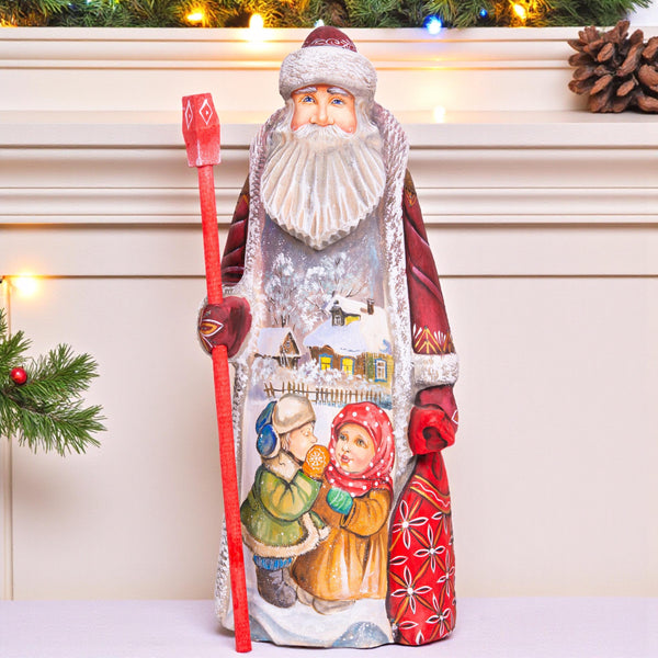 Kris Kringle hand carved wooden figurine 9 inch, gift sack & staff, Christmas home accent