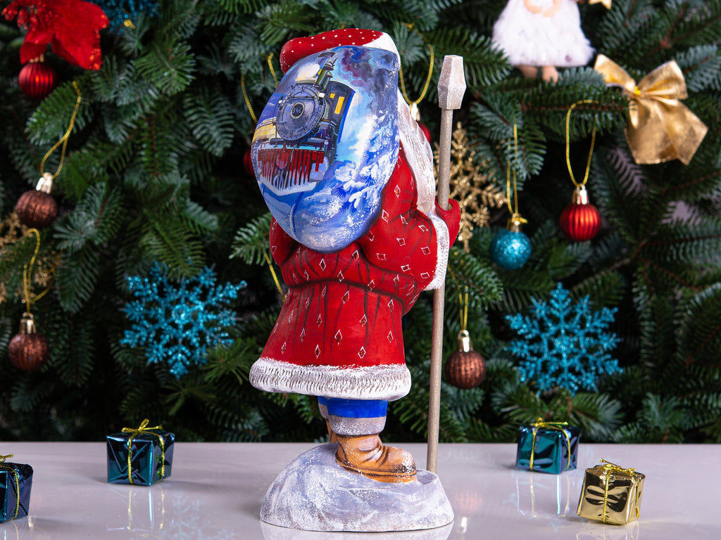 Hand carved Santa wooden figurine 11 inch, steam train scene