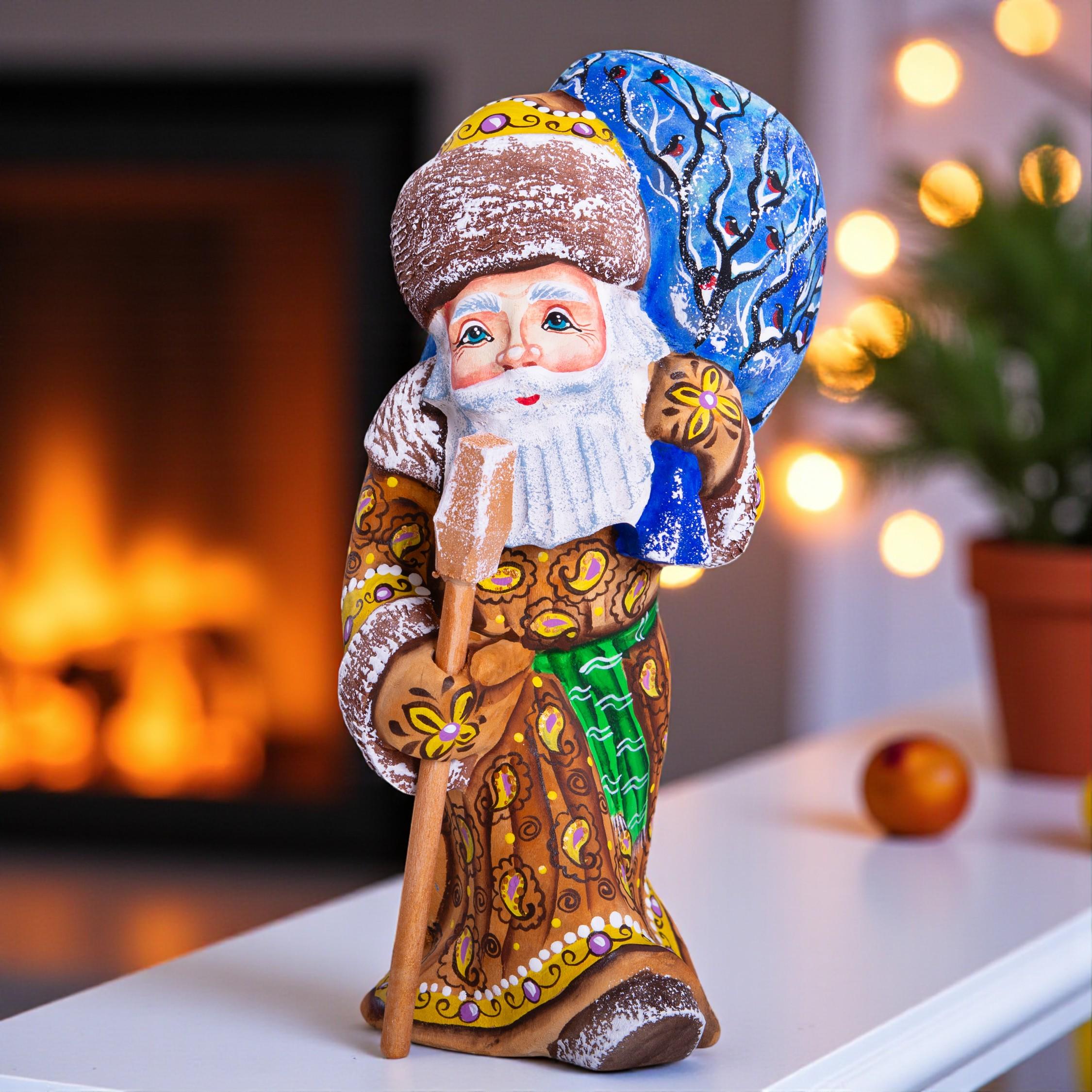 Hand Carved Santa Figurine 8 inch: Rustic Wood Christmas Decor, Forest Scene