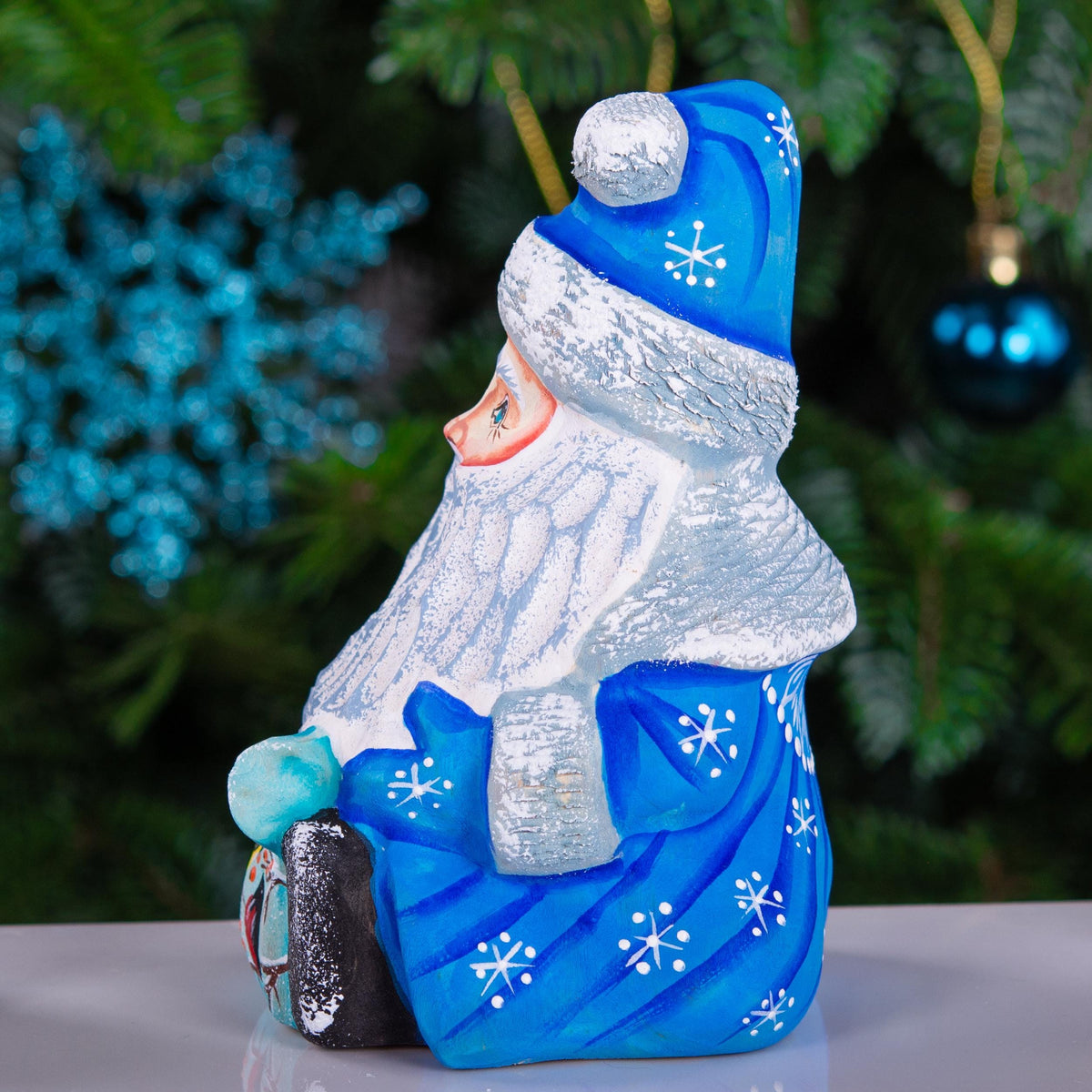 Hand carved blue Santa figurine 5 inch, winter birds scene decor