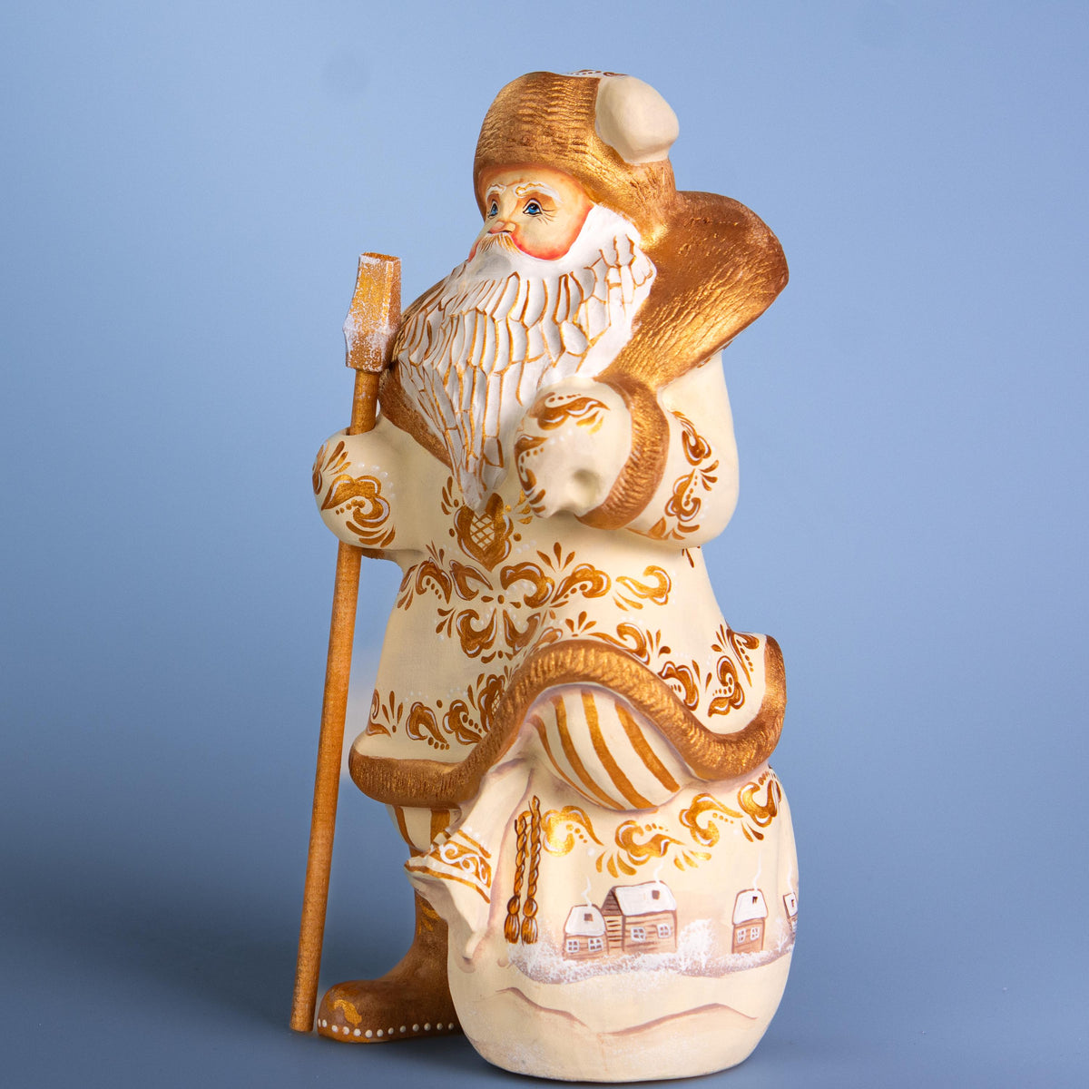 Hand carved Santa wooden statue 9.5 inch, gift sack scene