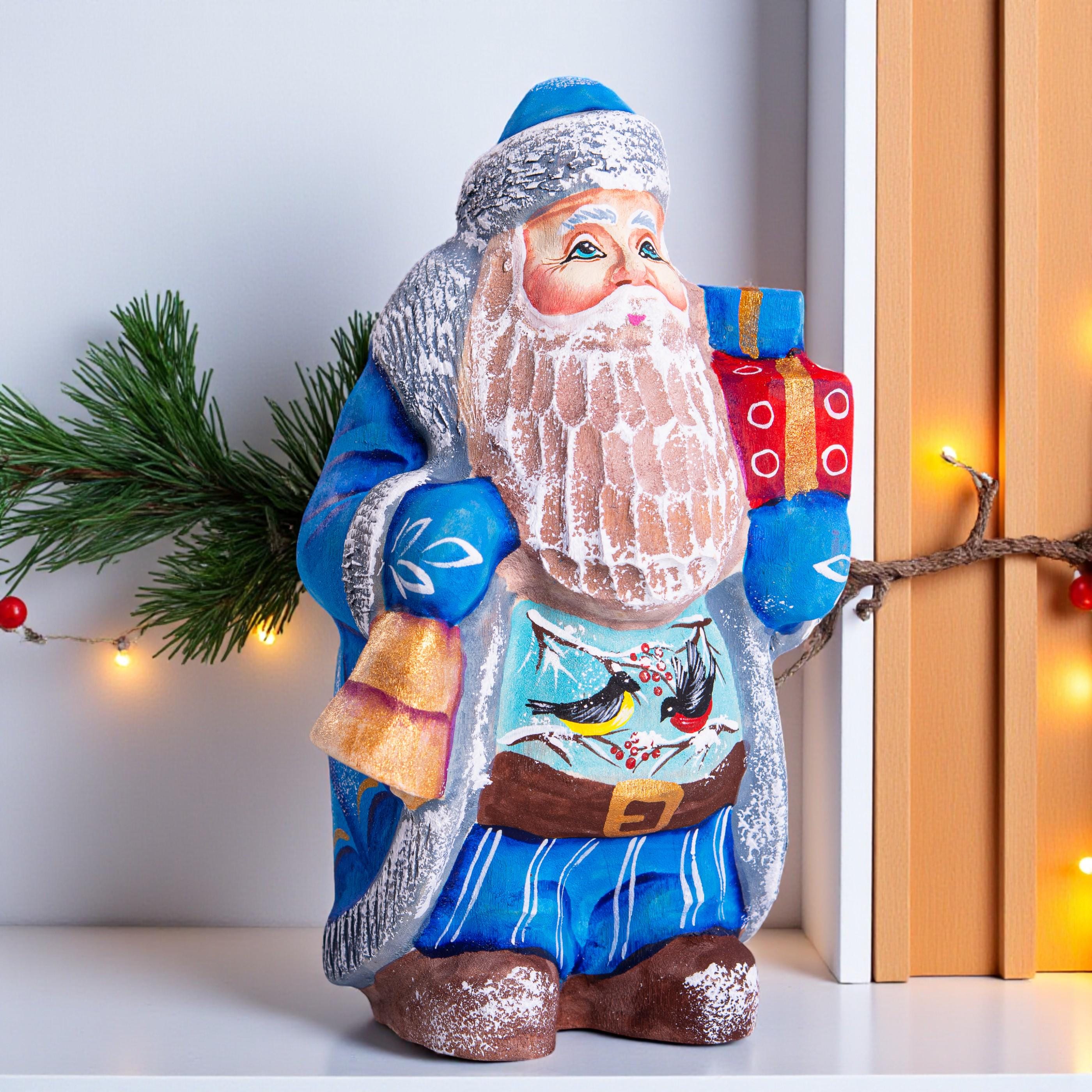Santa Figurine Hand Carved Wood Bell and Gifts Bird Accents 5.5″