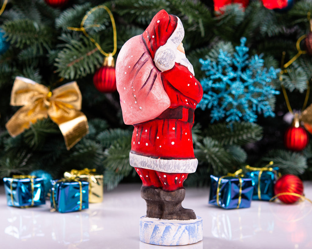 Santa Statue 7.1″, Hand‑Carved Wood, Shoulder Toy Sack