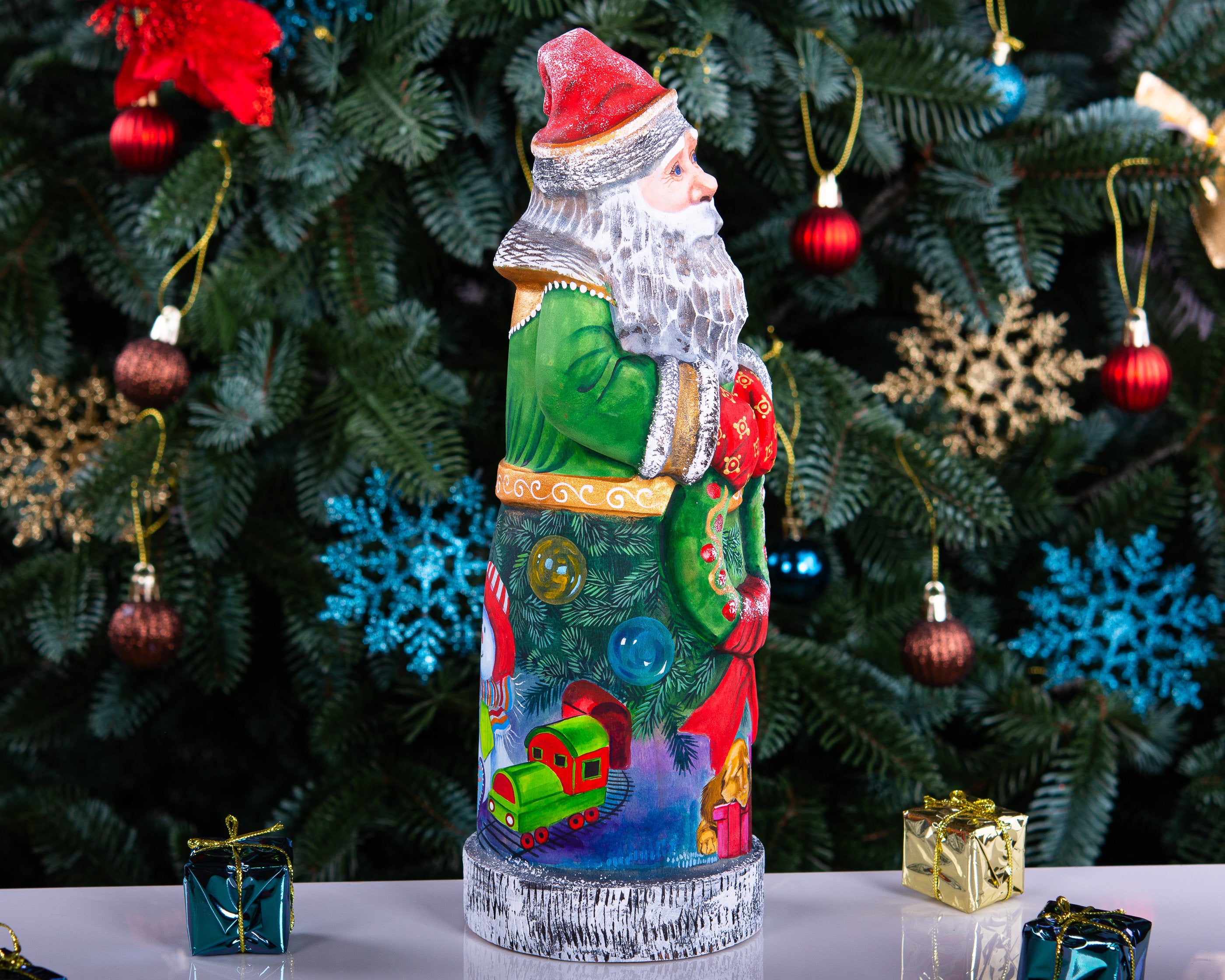 Collectible Santa figurine 11 inch with puppy and ornaments back painting