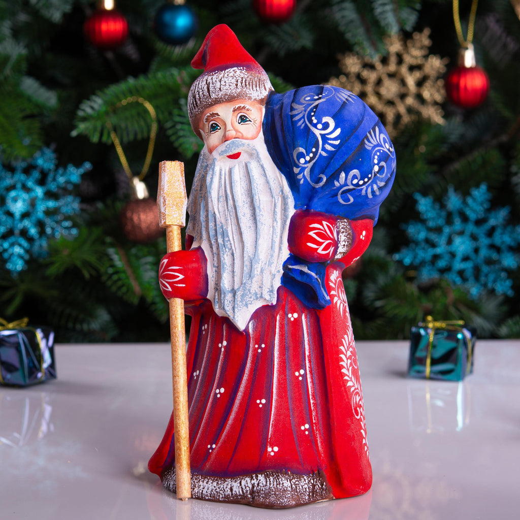 Hand carved Santa wooden figurine 8 inch, blue gift sack, shelf decor