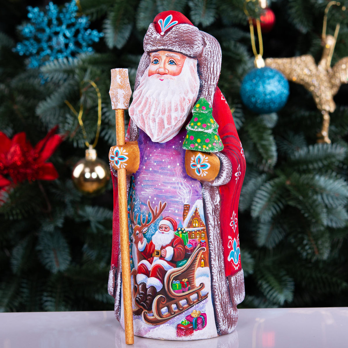 Kris Kringle wooden figurine 9 inch, Santa in sleigh scene