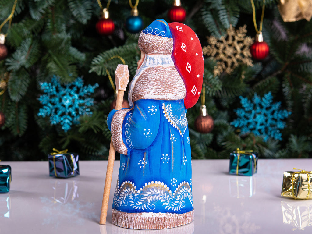 Santa figurine with staff, hand painted carved wood, shelf decor, 8.3 inch