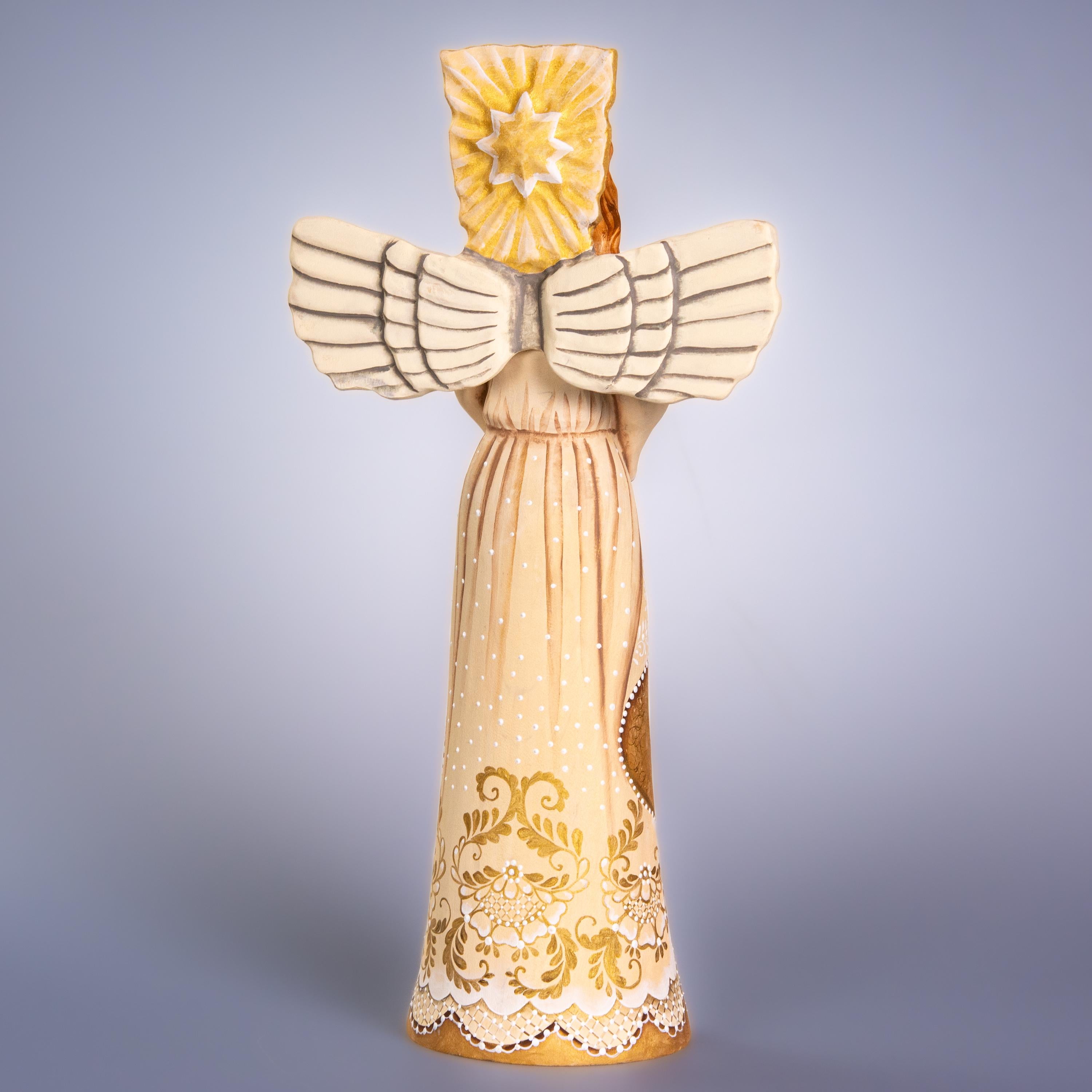 Angel Nativity wooden figurine 13 inch, Holy Family creche, mantel decor