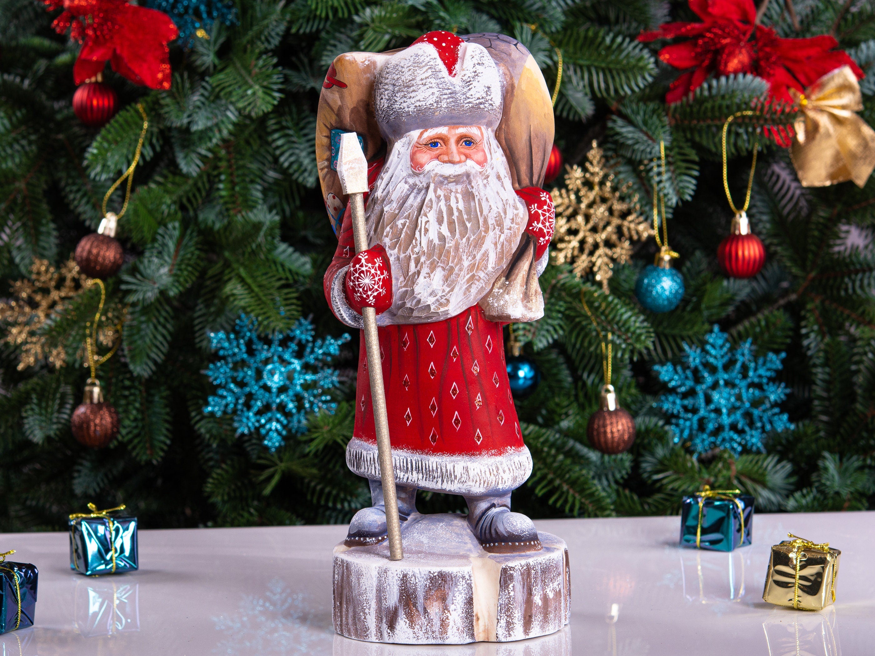 Hand carved wooden Santa figurine 11 inch, workshop fireplace scene, rustic mantel centerpiece decor