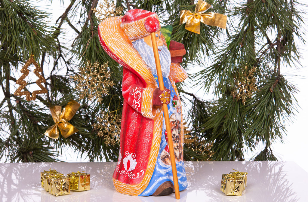 Hand carved wooden Santa figurine 13 inch, woodland animals painting, rustic mantel centerpiece