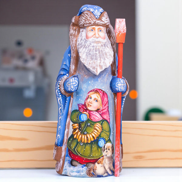 Father Christmas wooden figurine 9 inch, blue Santa, village child and dog, mantel display