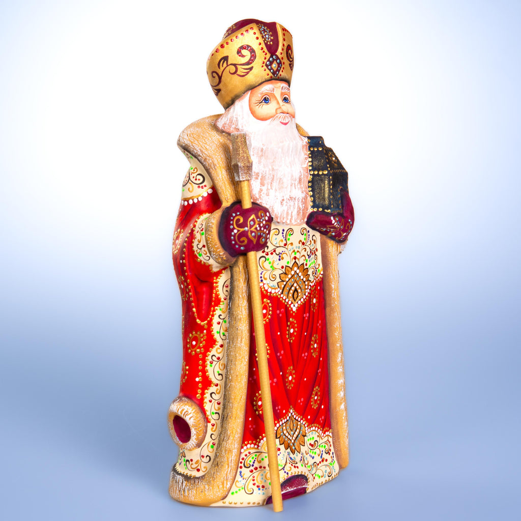 Hand carved Santa wooden figurine 12 inch, ornate folk pattern