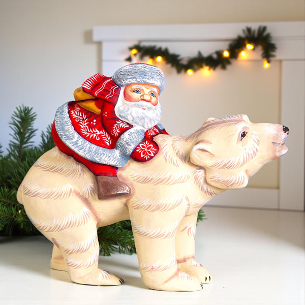 Hand-Carved Wooden Santa Riding Bear Figurine: Christmas Holiday Decor