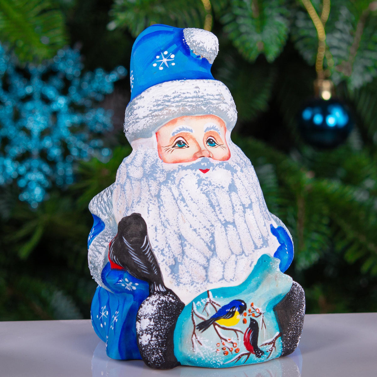 Hand carved blue Santa figurine 5 inch, winter birds scene decor