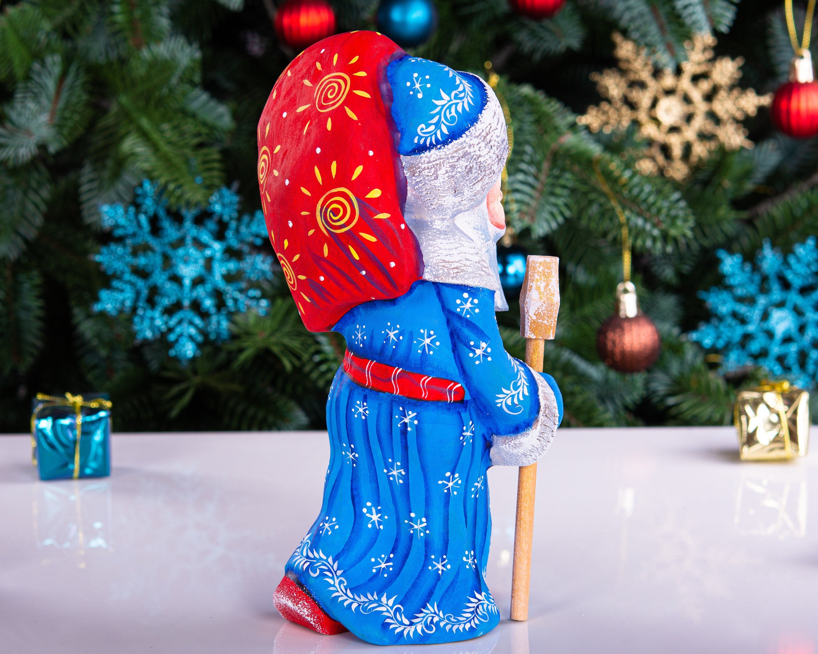 Hand carved blue Santa wooden figurine 7.9 inch, gift sack and staff, centerpiece