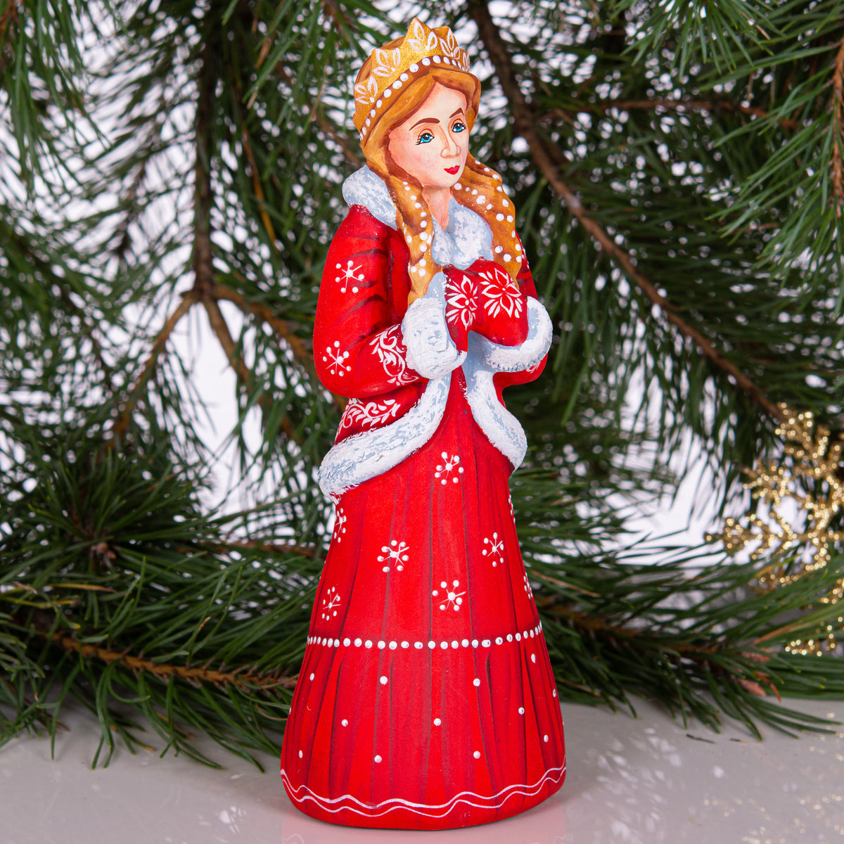 Hand Carved Snow Maiden Figurine: Red Coat Slavic Christmas Decor