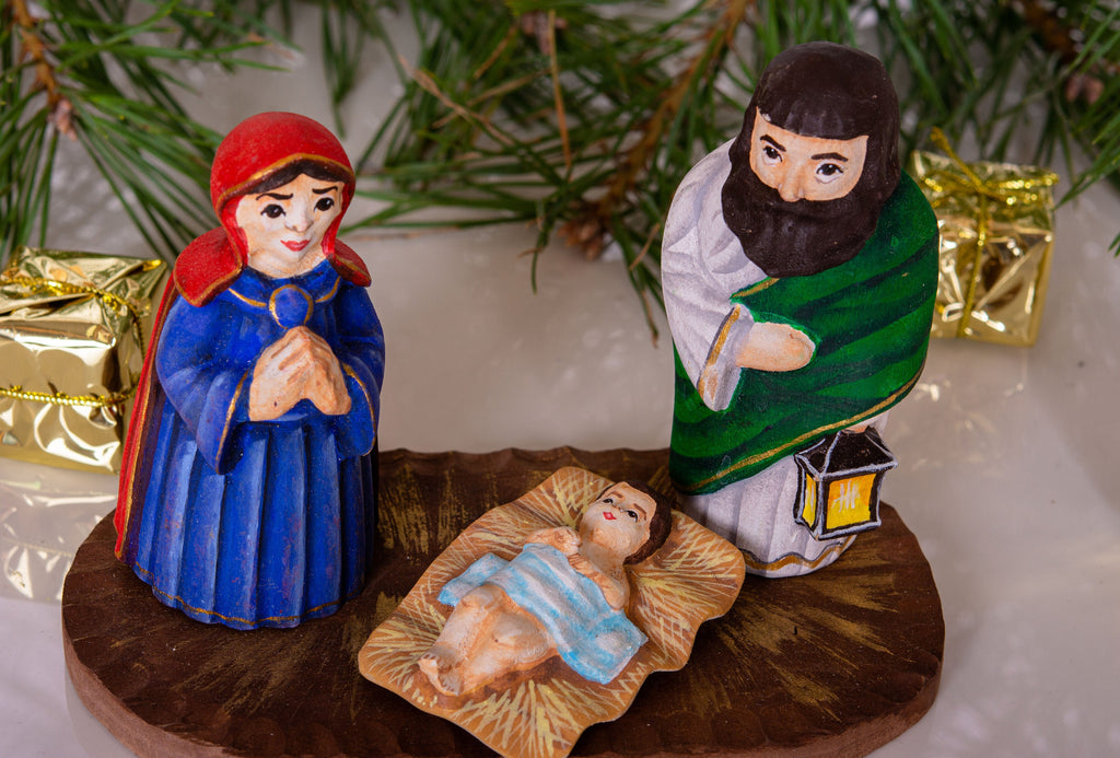 Hand Carved Wooden Nativity Set 4", Holy Family on Board