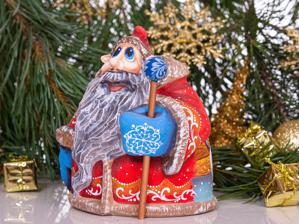 Hand carved Santa wooden figurine 6.3 inch, toy workshop scene
