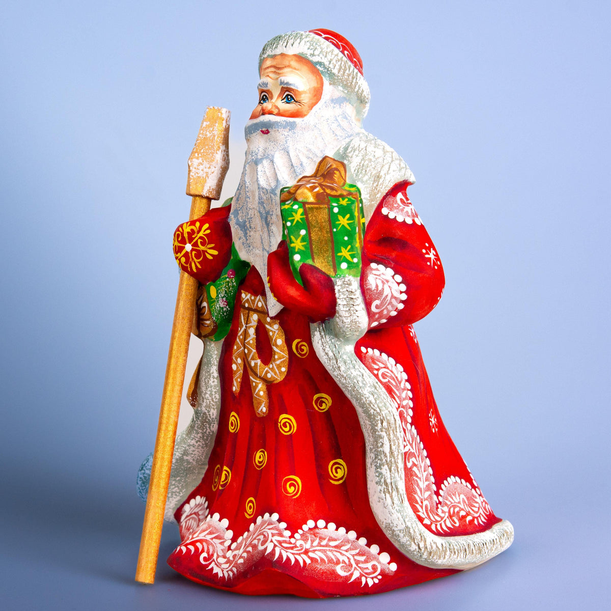 Father Christmas wooden figurine 7 inch, gift in hand, tabletop centerpiece, folk art