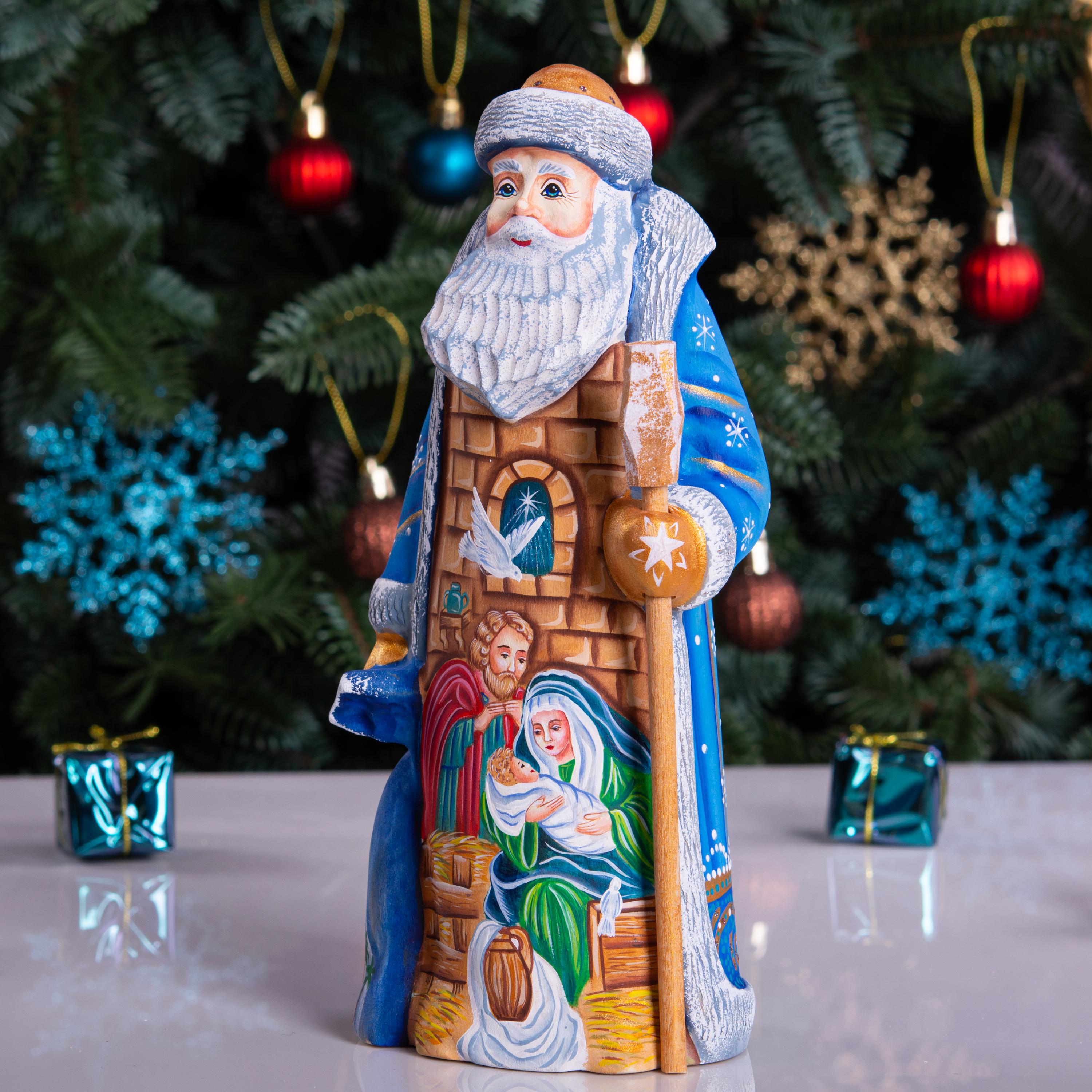 Hand carved wooden Santa nativity figurine 9 inch, Holy Family scene, Christmas mantel decor