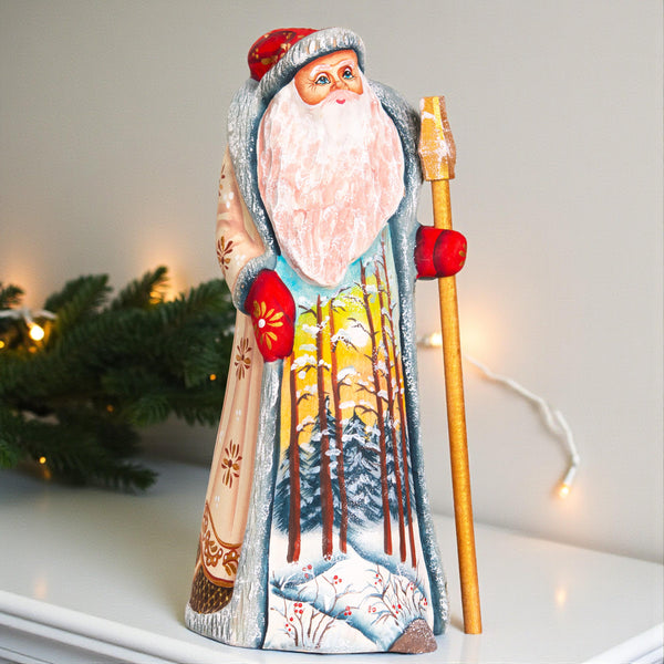 Hand carved wooden Santa figurine 9 inch, winter forest landscape, holiday shelf decor