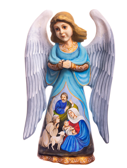 Hand carved angel figurine 9 inch, Holy Family Nativity Scene Mantel display