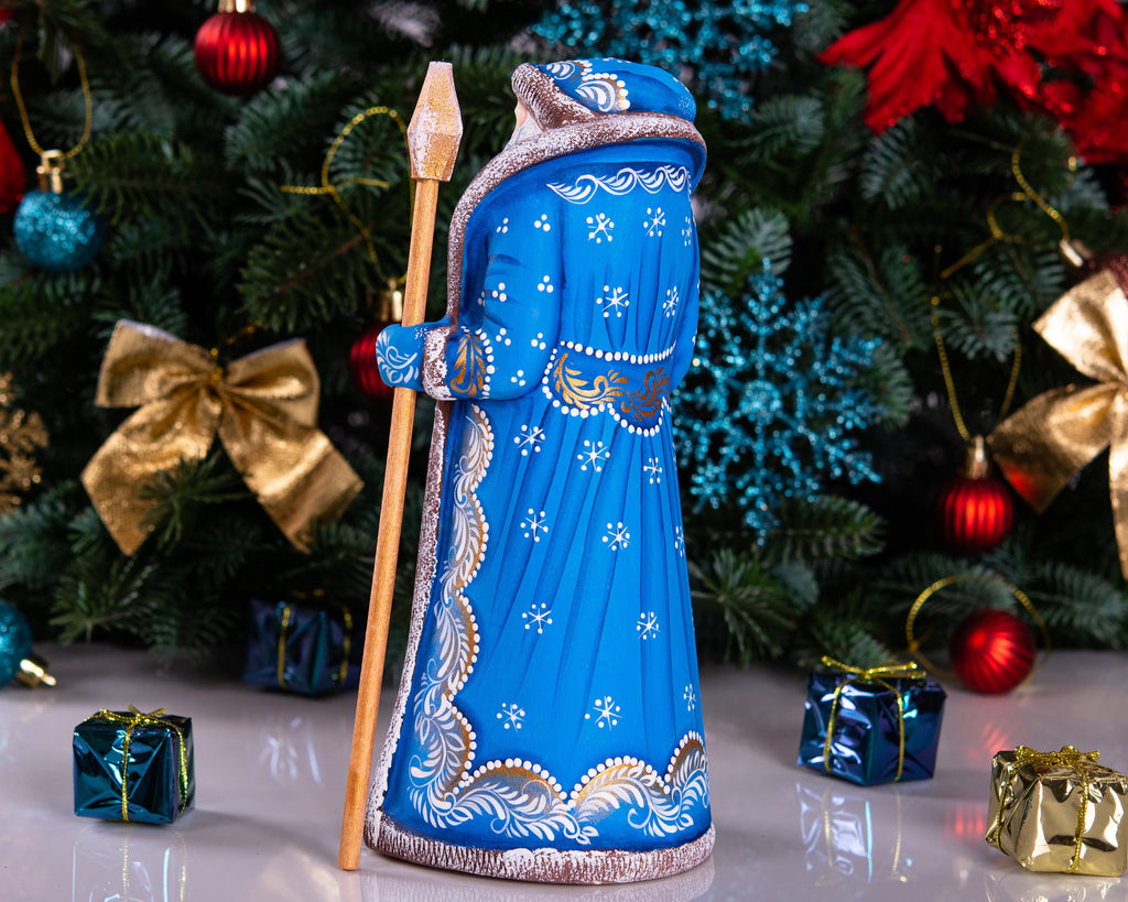 Carved wooden Santa figurine 9 inch, winter church at sunset artwork, holiday mantel centerpiece