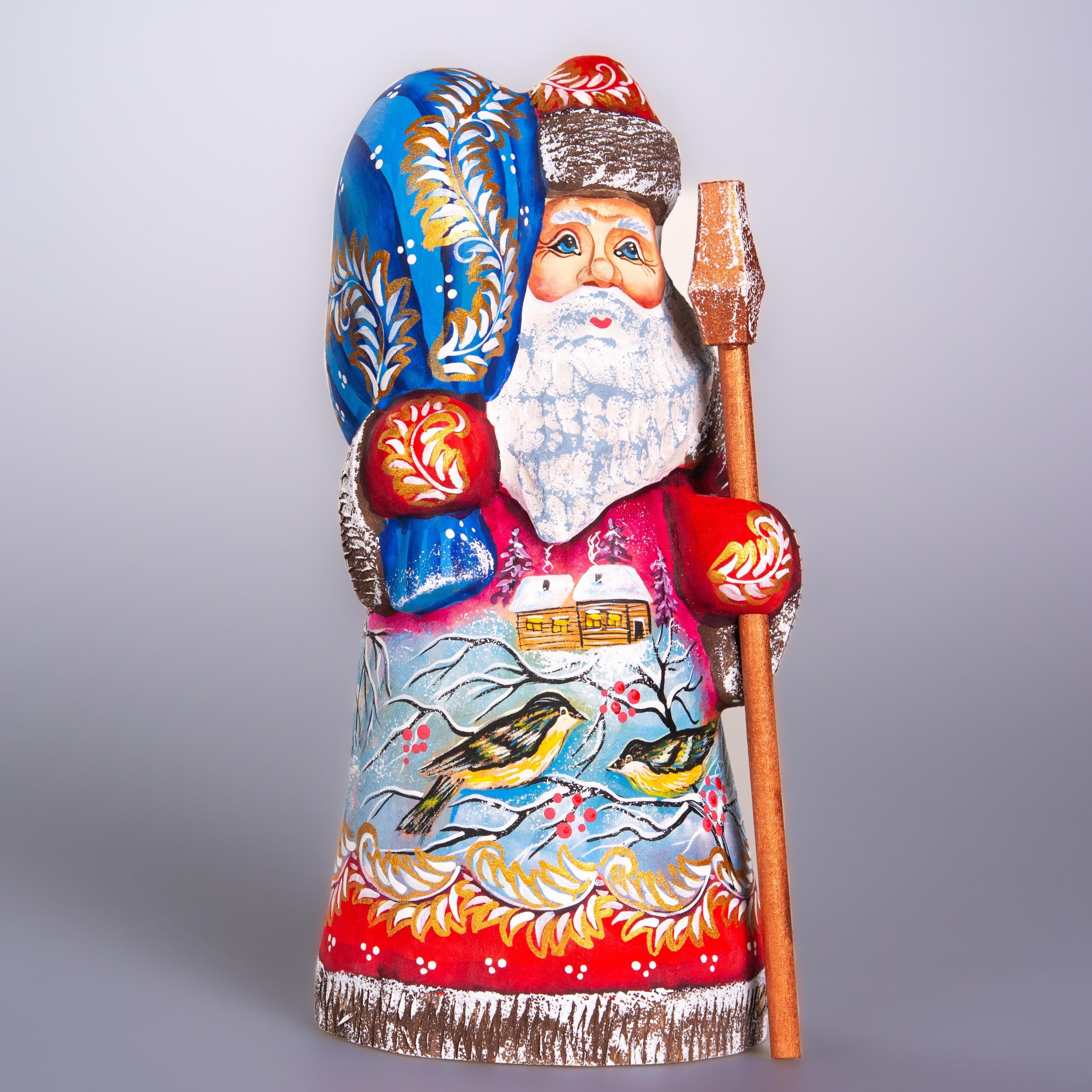 Hand painted Santa wooden figurine 8 inch, village snow scene with birds, shelf decor