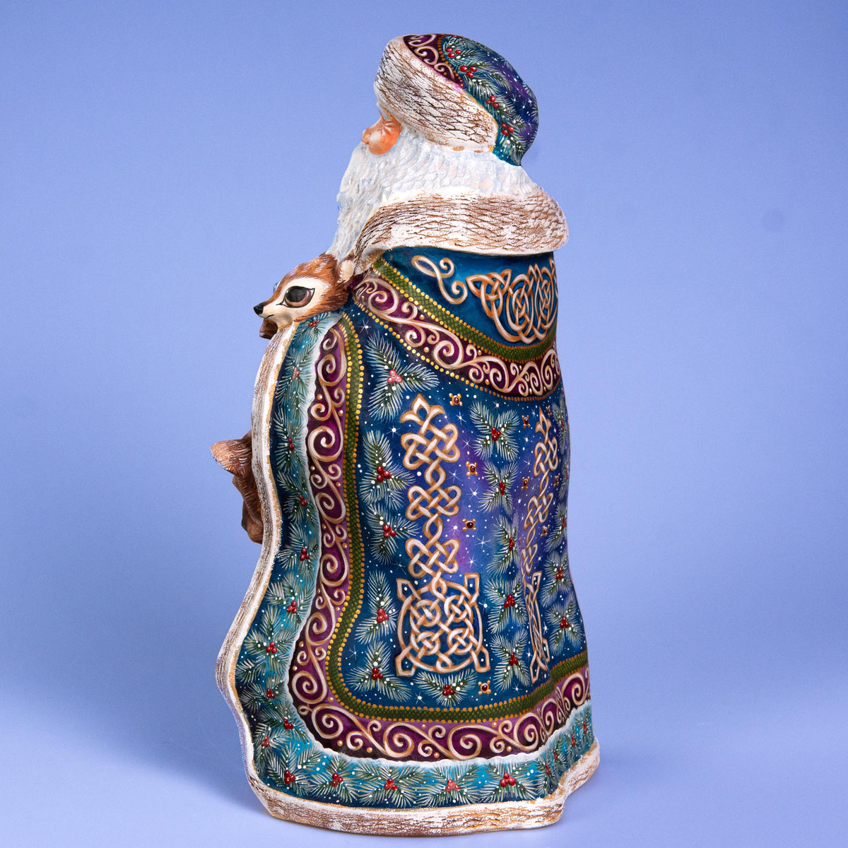 Hand Carved Wooden Santa Figurine 13.8 inch, Woodland Animals, Artist Painted Old World