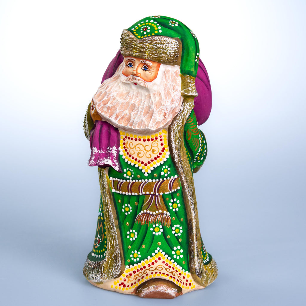 Hand carved green Santa wooden figurine 9.1 inch, folk art collectible