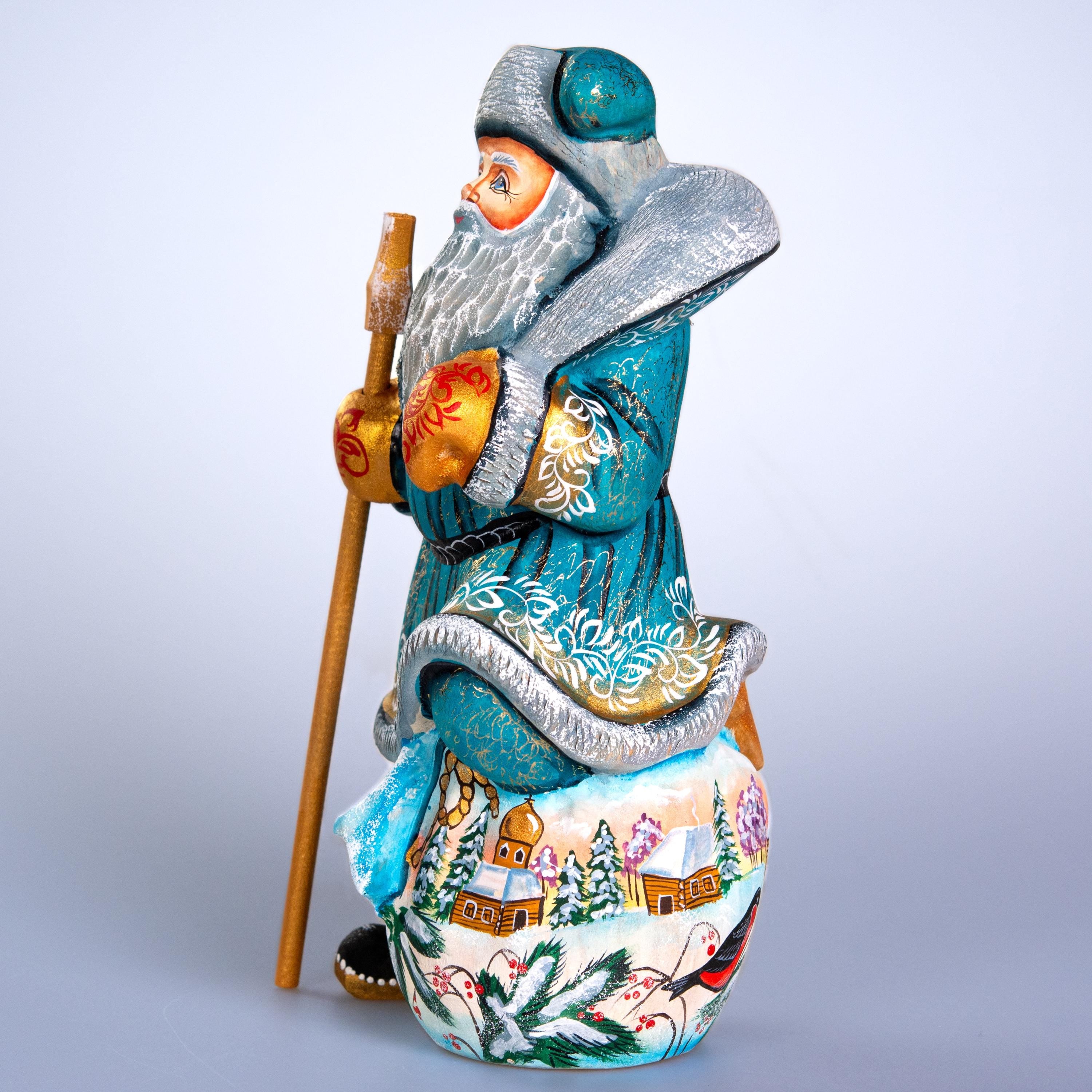 Father Christmas wooden figurine 9.7 inch, winter village scene, bird lovers decor