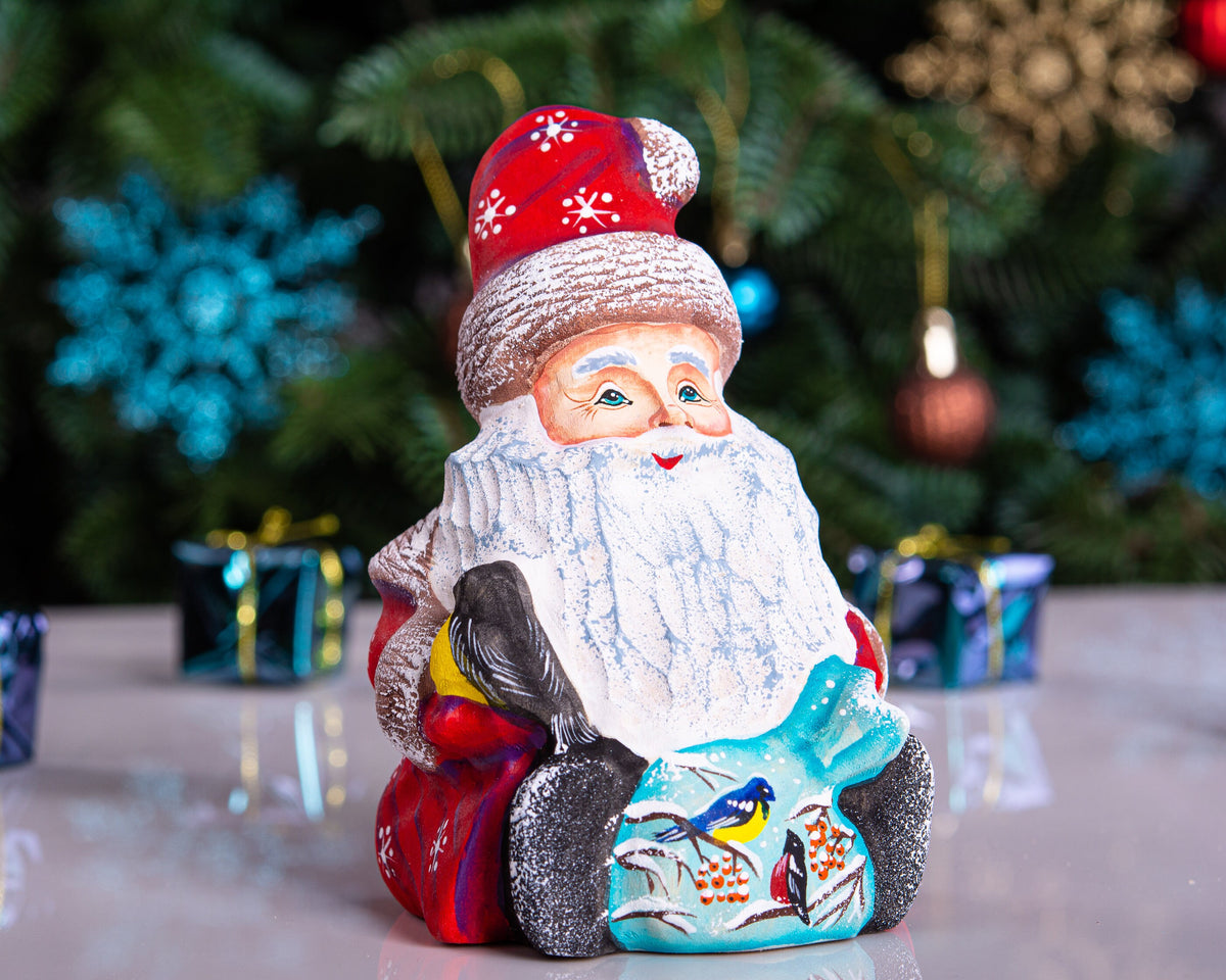 Hand carved wooden Santa figurine 5.1 inch, winter birds scene, mantel display