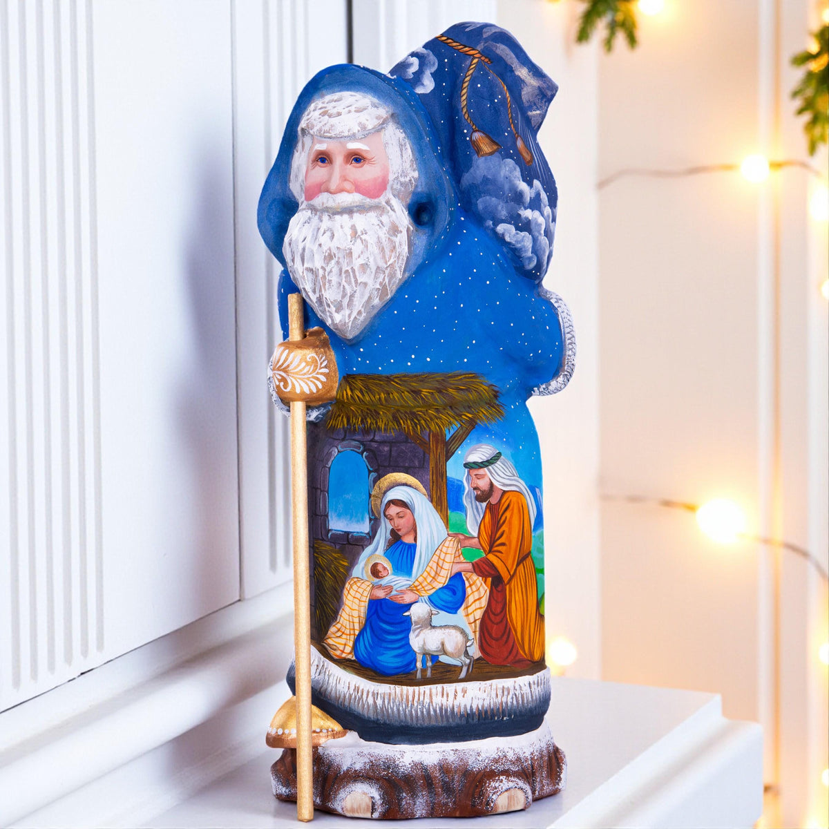 Santa Figurine 12", Holy Night Nativity, Hand Carved Wood